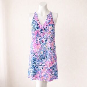 Lilly Pulitzer Pink fish Blue Swirl Sleeveless Shift Dress Size L Spring Resort